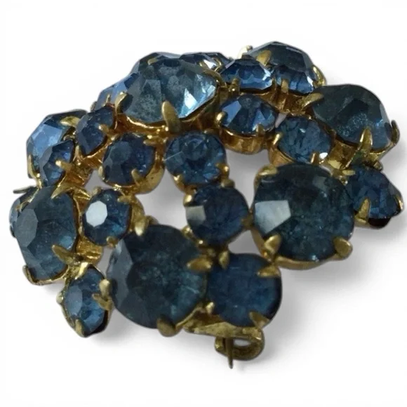Vintage Gold-tone Signed Czechoslovakia Blue Rhinestone Brooch • Prong‑Set - Picture 10 of 13